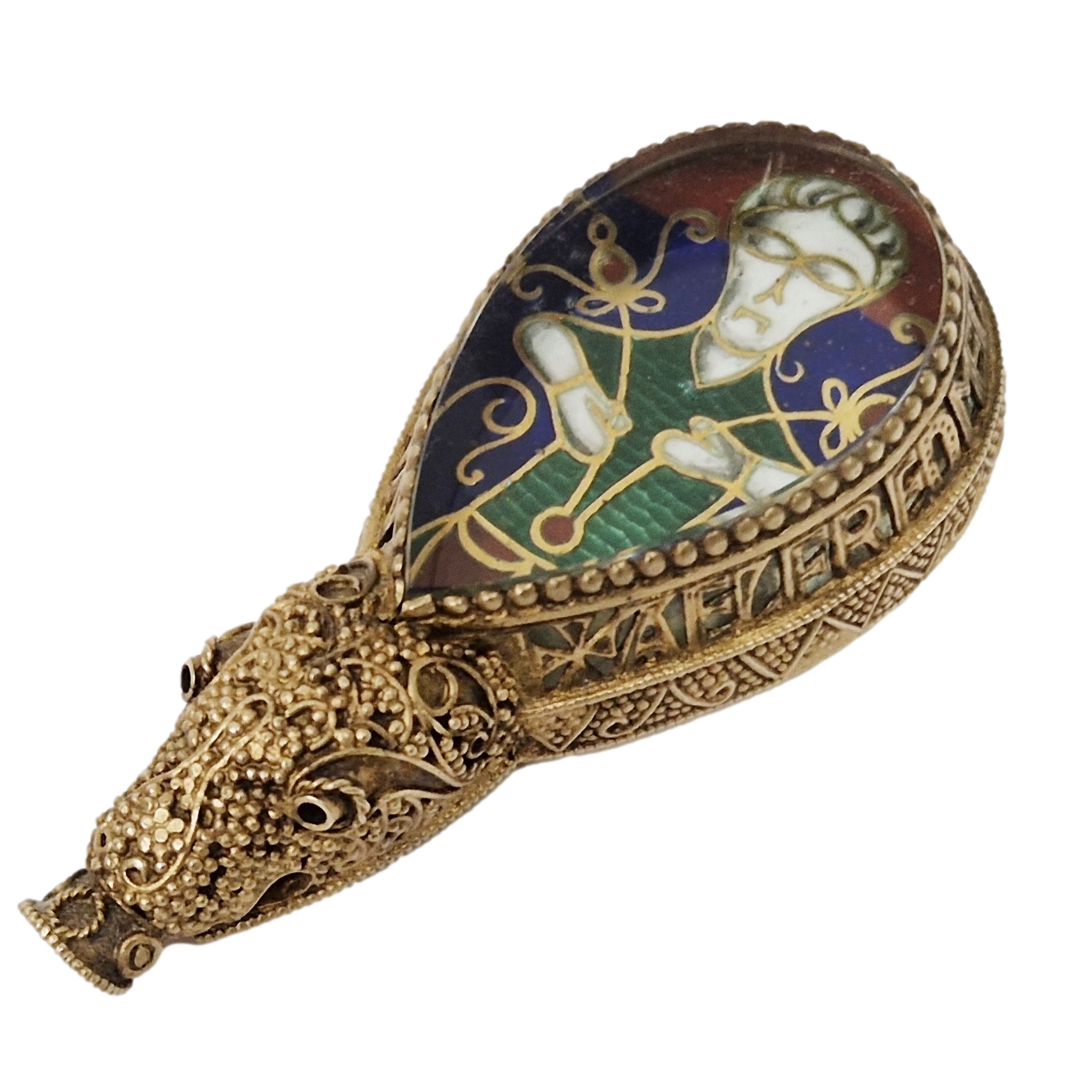 Copy of the 'Alfred Jewel' silver gilt having polychrome enamel medieval male figure beneath teardrop glass panel sold for £1,250_clipped_rev_1