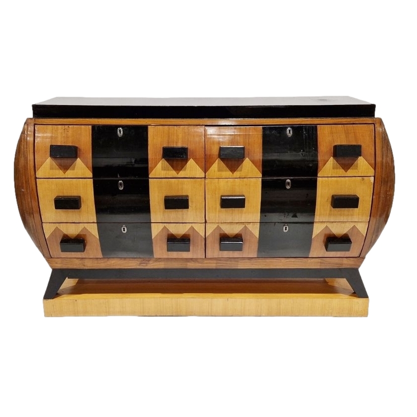 French Art Deco walnut veneered and black painted chest of drawers, of bombe shape with two banks of three drawers sold for £2,200_clipped_rev_1